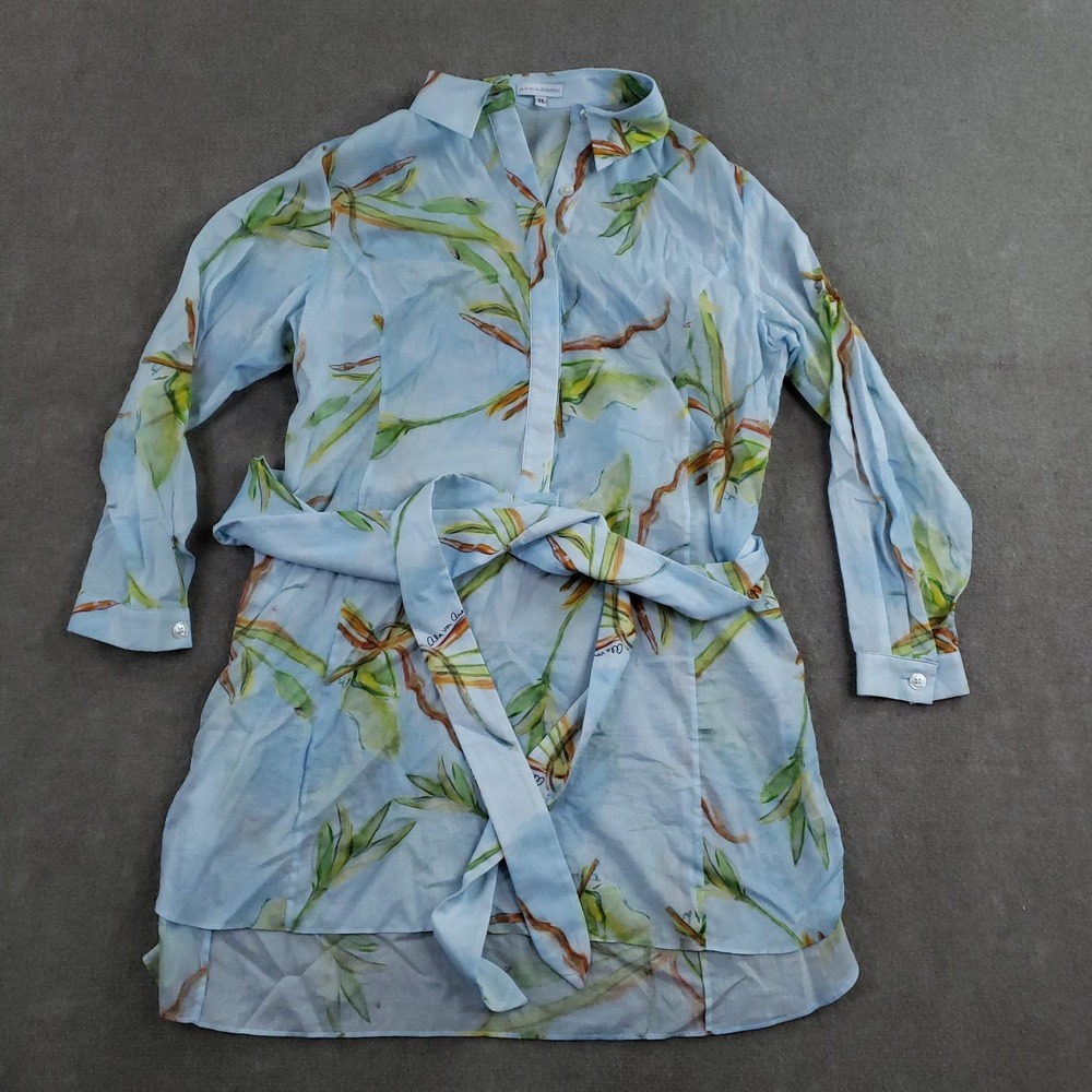 Ala Von‎ Auersperg Shirt Dress Womens XL Blue Botanical Belted Tunic 100% Cotton
